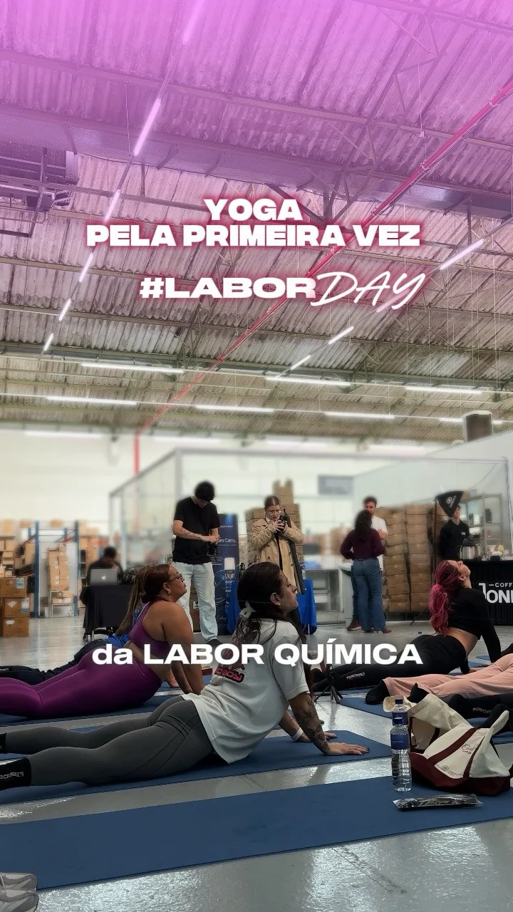 Capa do reel de yoga no LABORday: aula dentro da fábrica da Labor Química, com o título Yoga pela primeira vez