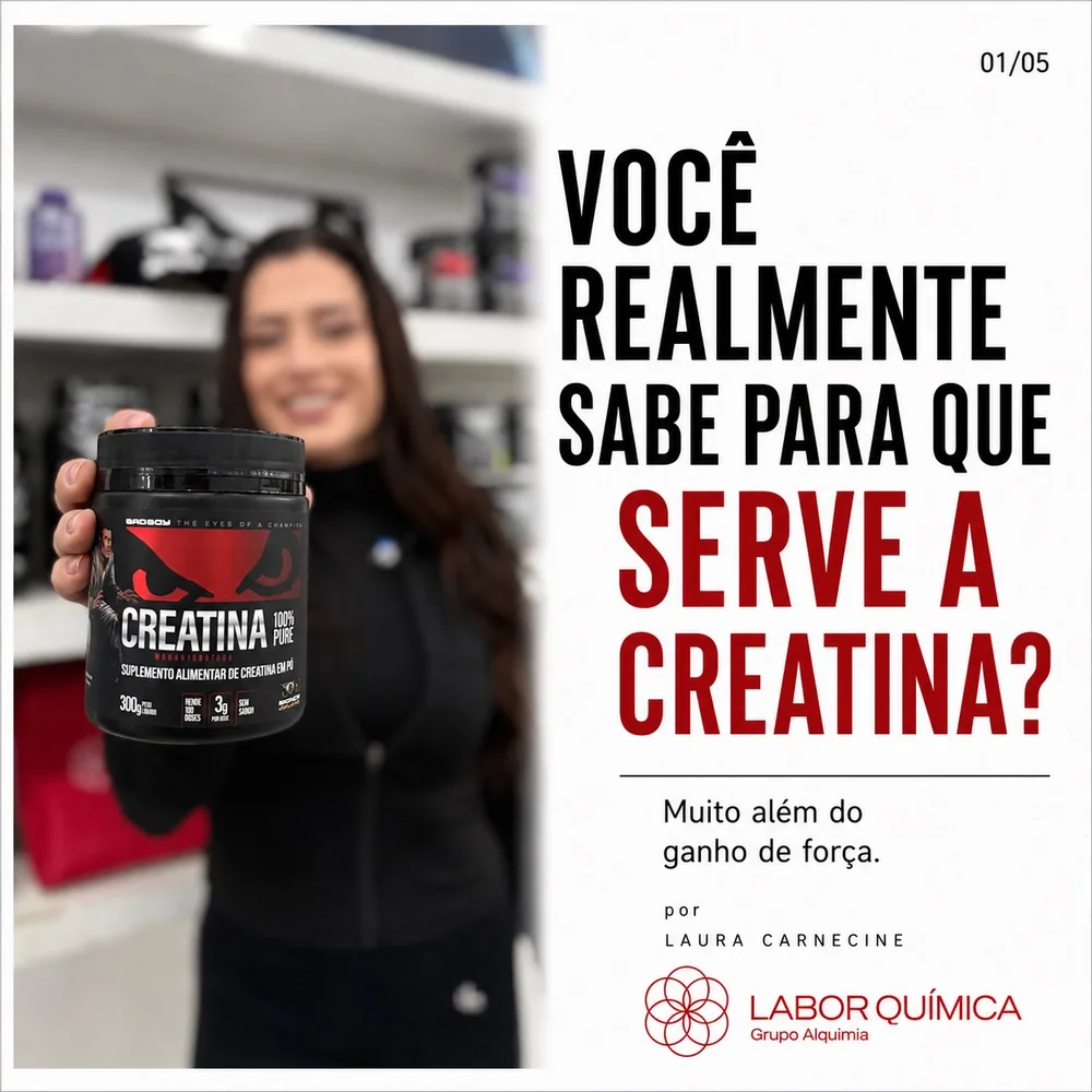 Carrossel Você realmente sabe para que serve a creatina?, com Laura Carnecine segurando o pote de creatina BAD BOY